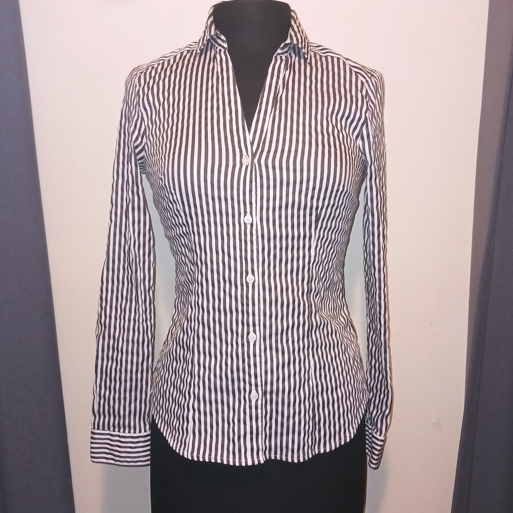 H&M Navy Blue White Striped Sear sucker Fitted Long Sleeve Shirt 8 Tailored Fit